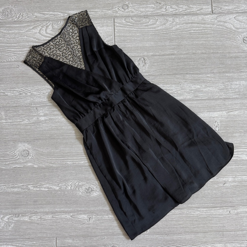 BCBGENERATION Black Silky Mini Dress with Sheer Gold Sequined Back 0
